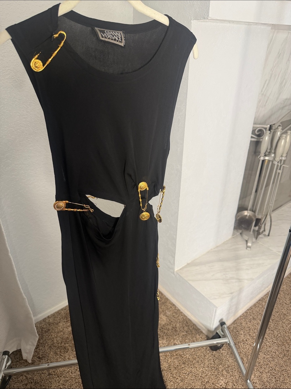 Gianni Versace Black Maxi Dress with Gold Safety-Pin Accents